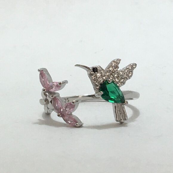 Sterling Silver Hummingbird Ring Adjustable Size 7 CZ Pink Flowers Green Body - Picture 10 of 16